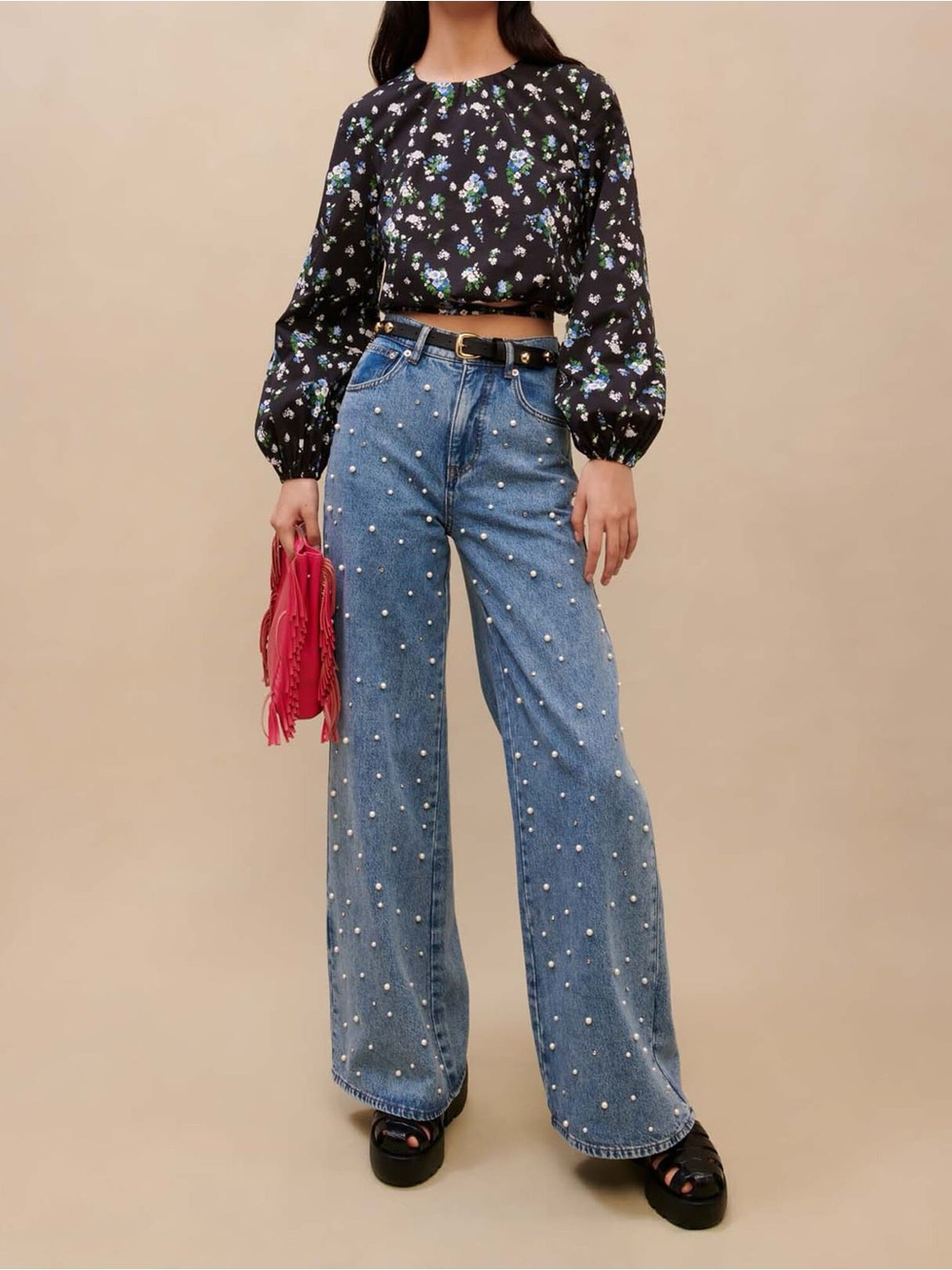Maje Embellished Wide Leg Jeans Mother of Pearl Rhinestones 38 US 6